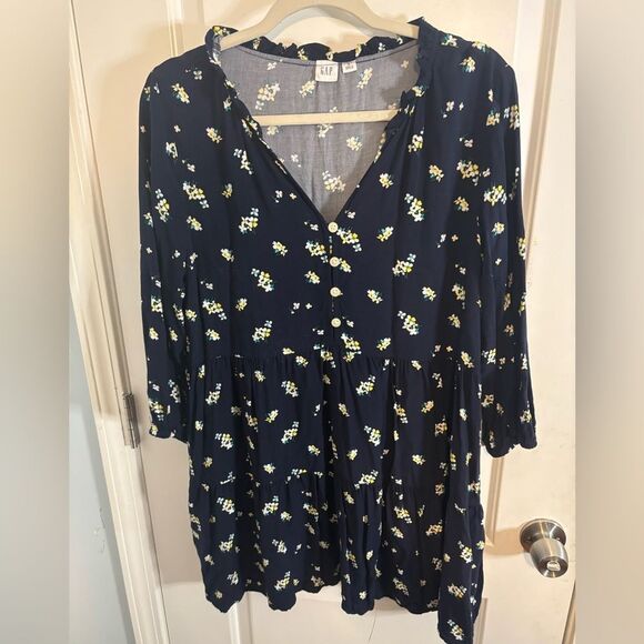 GAP Navy tiered long sleeve Floral mini Dress size m EUC - Picture 2 of 4